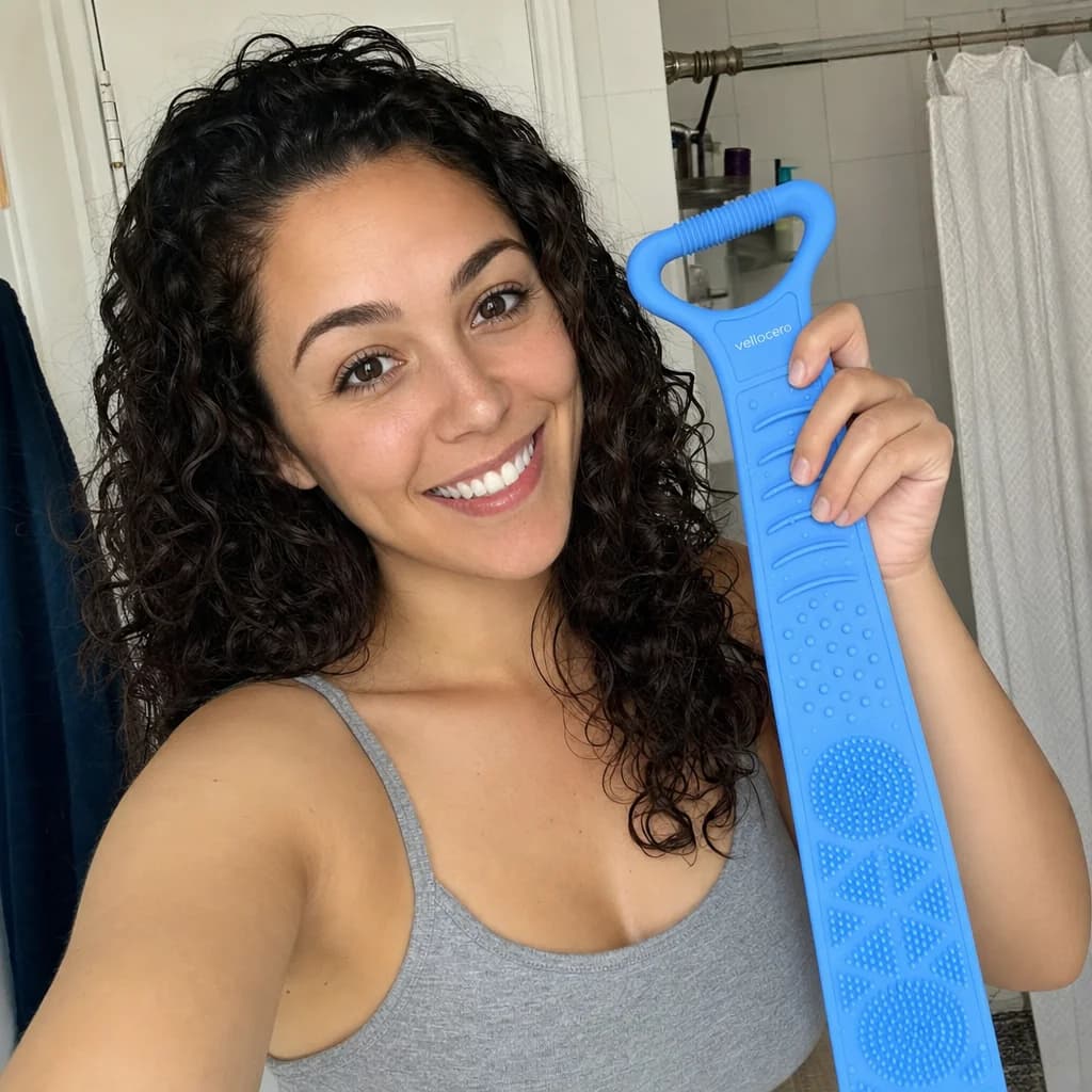 Mujer sonriendo con el cepillo Vellocero en el baño
